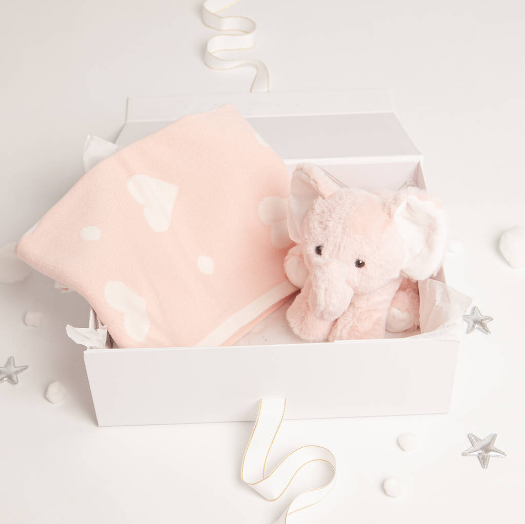 Pink Plush Elephant Toy And Heart Blanket Baby Gift Set, Pink/White