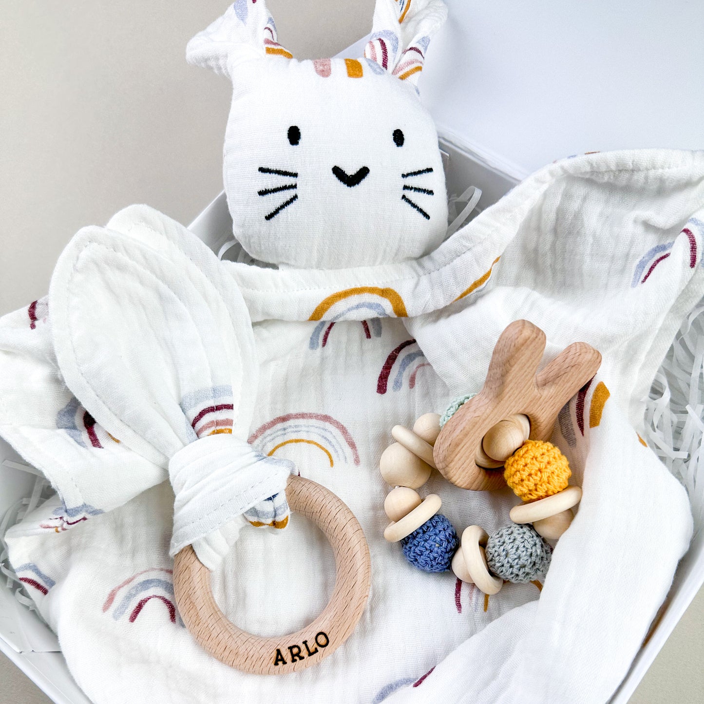 Rainbow Bunny Muslin New Baby Gift Set In Keepsake Box