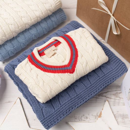 Red Stripe Baby Boy Cricket Jumper And Blanket Gift Set, Cream