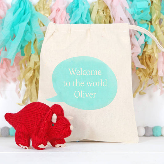 Red Triceratops Dinosaur Rattle With Personalised Bag, Red