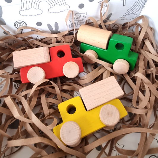 Handmade Set Of Three Primary Wooden Toy Trucks, Multi-Coloured