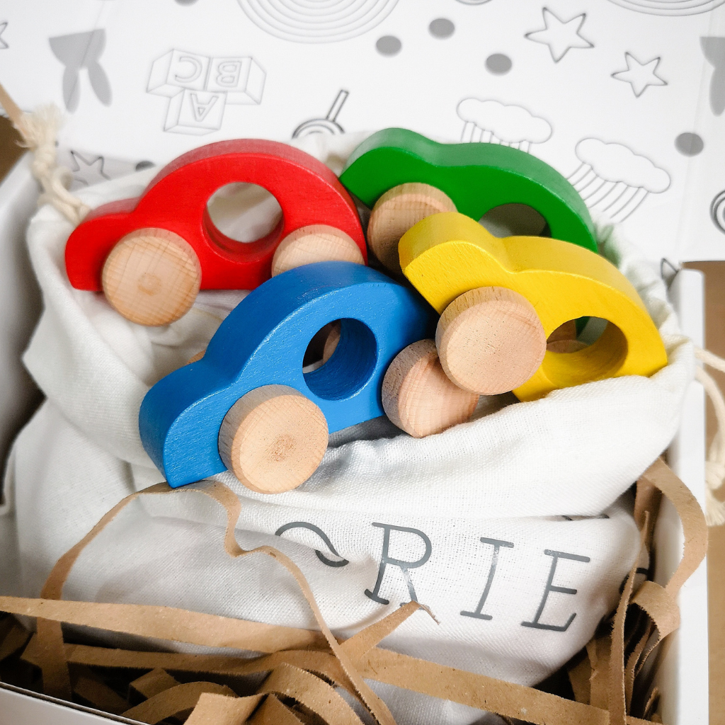 Handmade Set Of Four Wooden Primary Coloured Toy Cars, Multi-Coloured