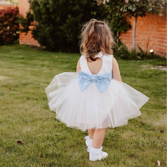 Sparkly Tulle Heart Back Flower Girl Dress, Ivory/White