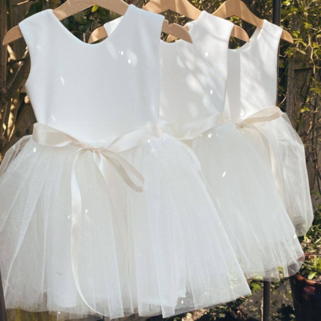 Sparkly Tulle Scoop Back Tutu Flower Girl Dress, Ivory/White