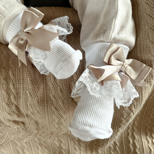 Taupe Ribbon And White Lace Baby Socks, Cream/White