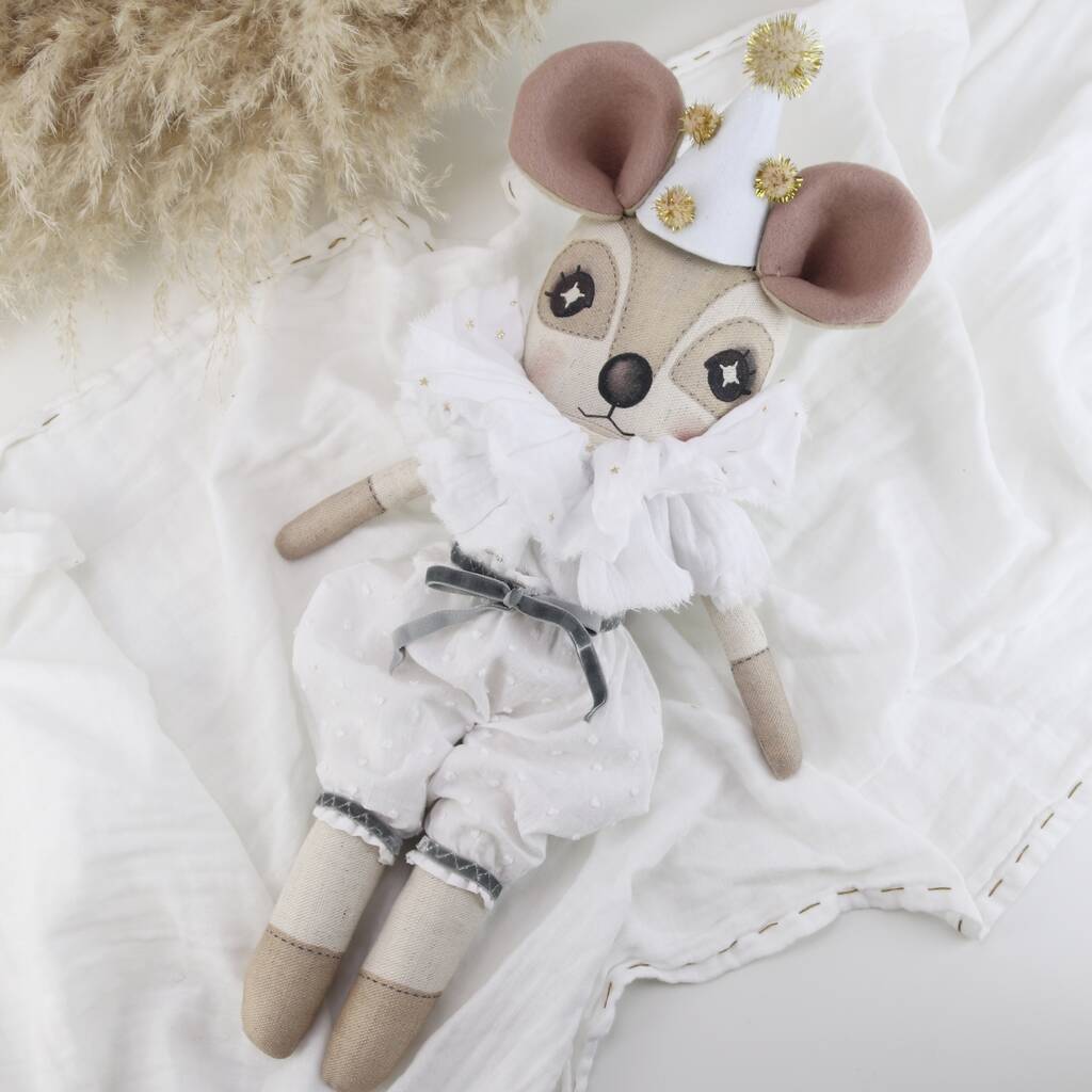 Handmade Heirloom Linen Dormouse Doll Swiss Dot Clown, Gold