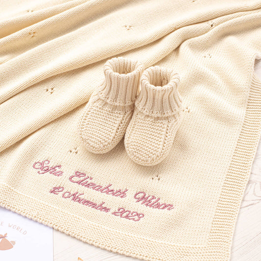 Toffee Moon Cream Pointelle Baby Blanket And Booties, Cream