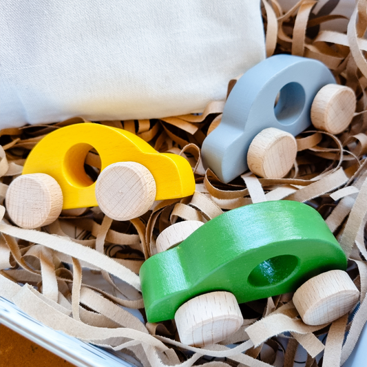 Handmade Set Of Three Tricolour Wooden Toy Cars, Green/Grey/Yellow