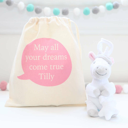 Unicorn Soft Toy And Personalised Cotton Bag, Cream/White