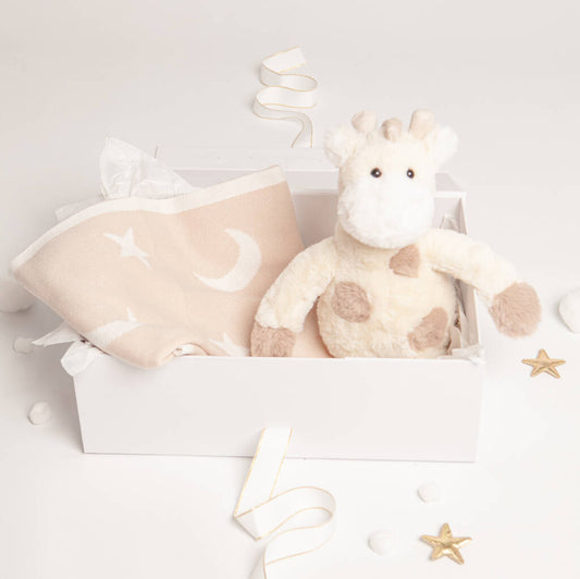 Unisex Giraffe Plush Toy And Star Blanket Baby Gift Set, Beige/Cream/White