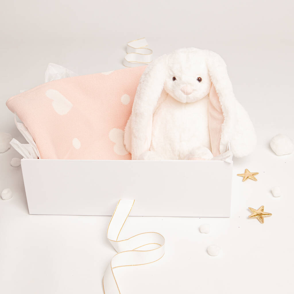 White Bunny Toy And Pink Heart Blanket Baby Gift Set, Pink/White