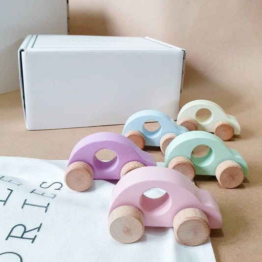 Handmade Set Of Five Pastel Wooden Toy Cars, Multi-Coloured