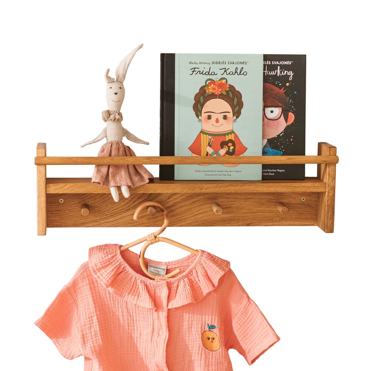 MINICAMP Floating Kids Bookshelf With Coat Hooks Made of Solid Oak - Coat hooks - ELLIE