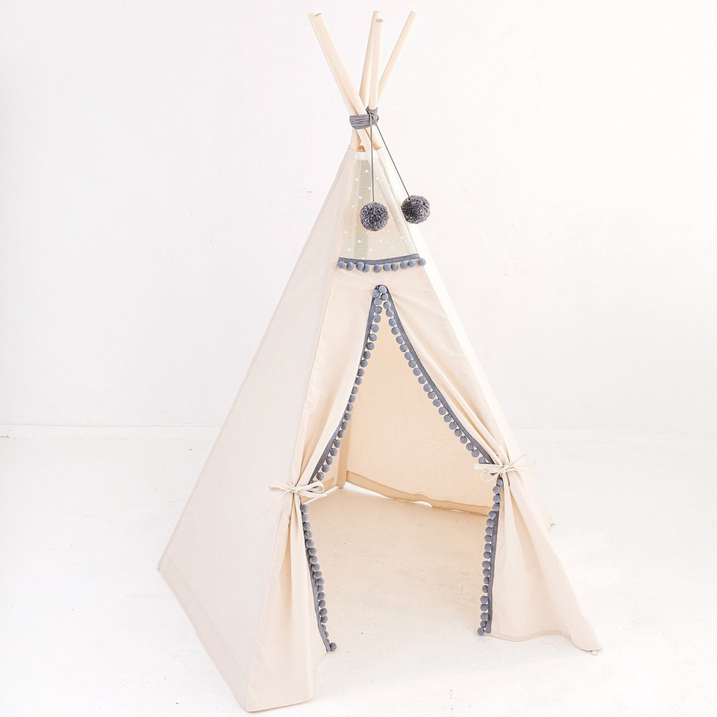 MINICAMP Kids Teepee in Off-White With Grey PomPoms - Teepee - ELLIE