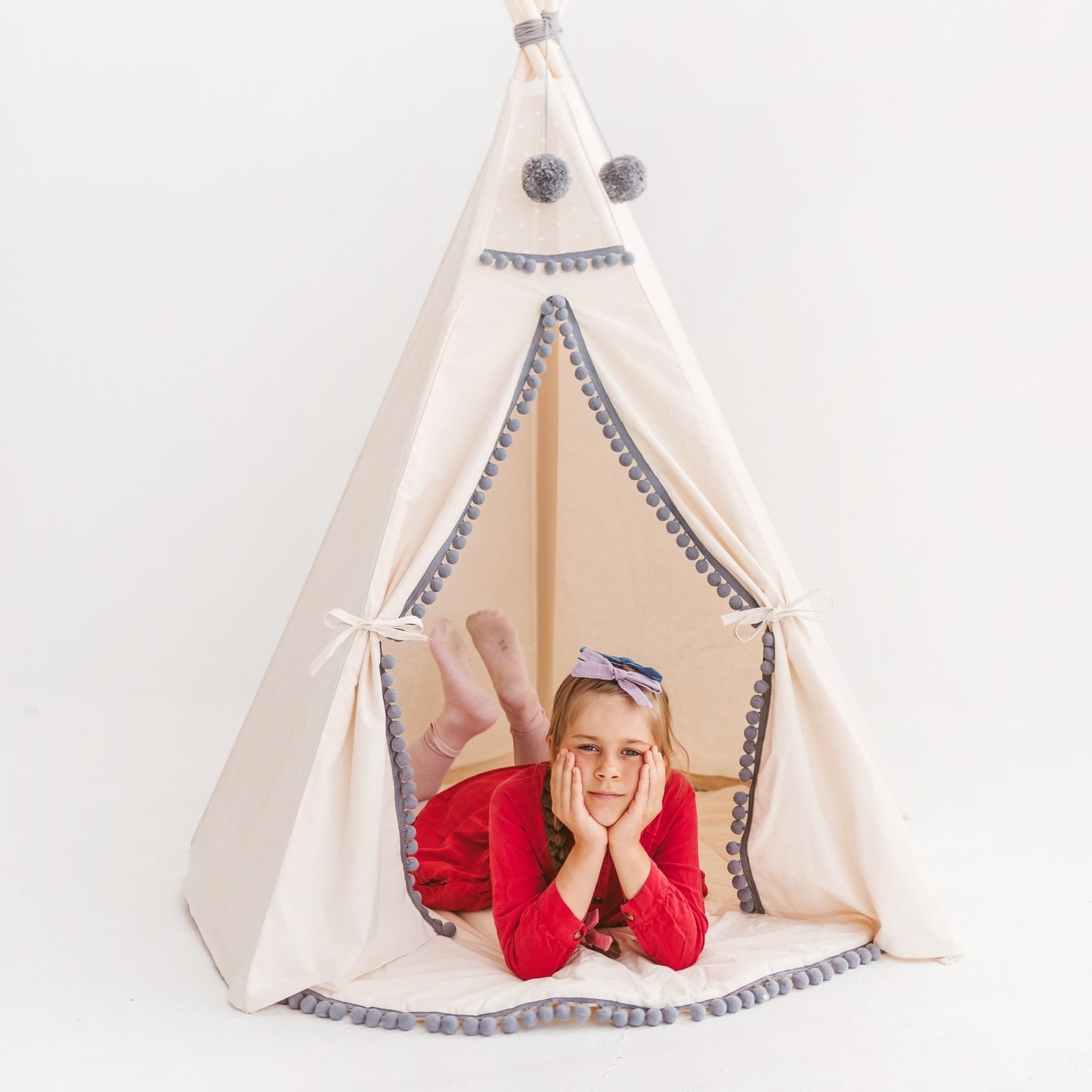 MINICAMP Kids Teepee in Off-White With Grey PomPoms - Teepee - ELLIE