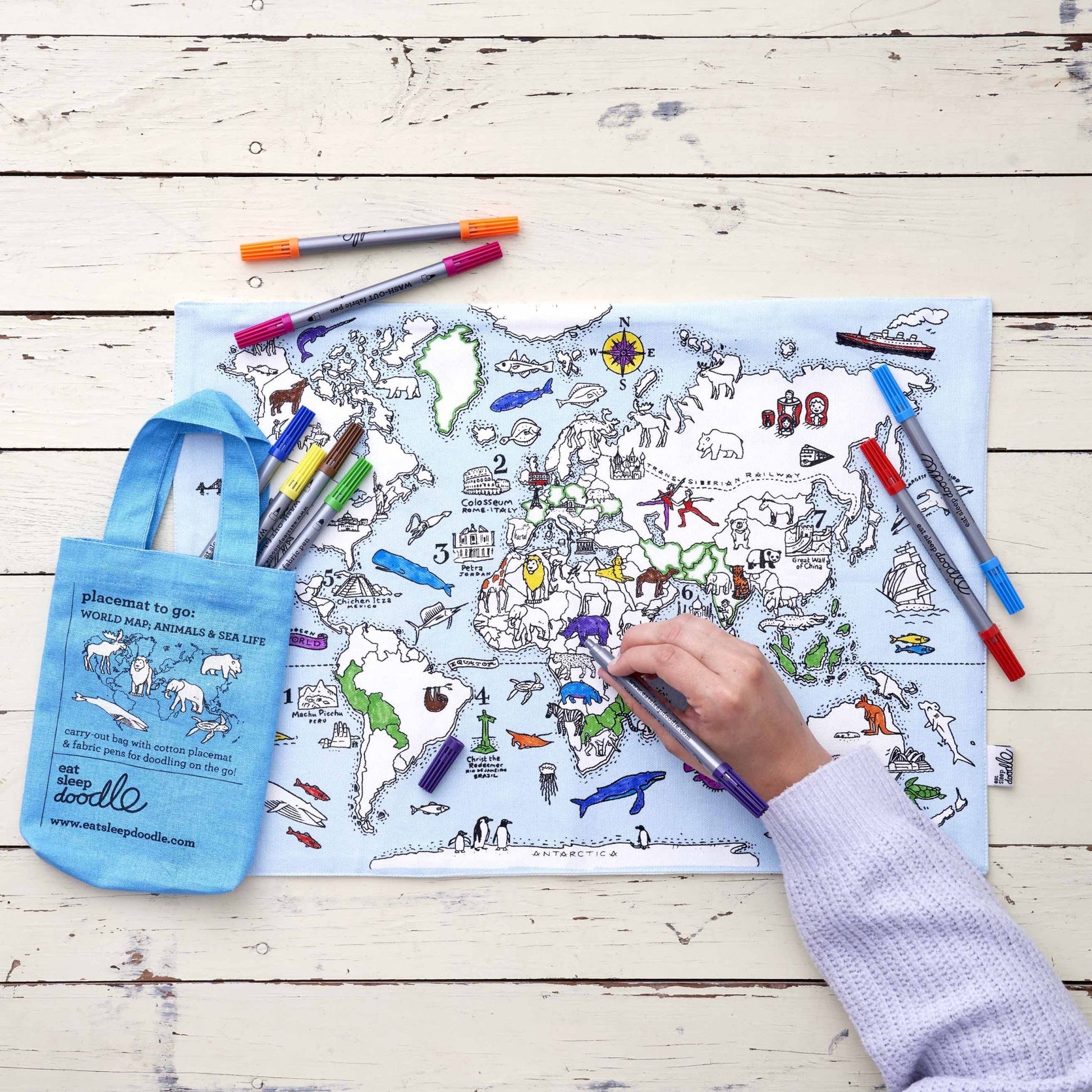 World Map; Animals & Sea Life Placemat to Go – Colour-in & Learn - Educational Colouring Gifts - ELLIE