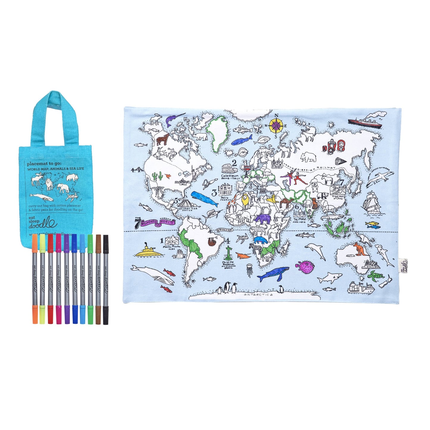 World Map; Animals & Sea Life Placemat to Go – Colour-in & Learn - Educational Colouring Gifts - ELLIE